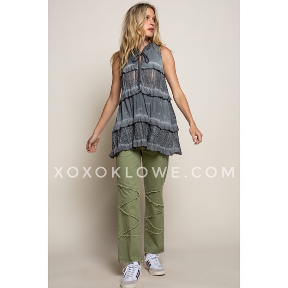 POL Charcoal Hand Dyed Ruffle + Lace Sleeveless Tunic Blouse - Picture 7 of 9